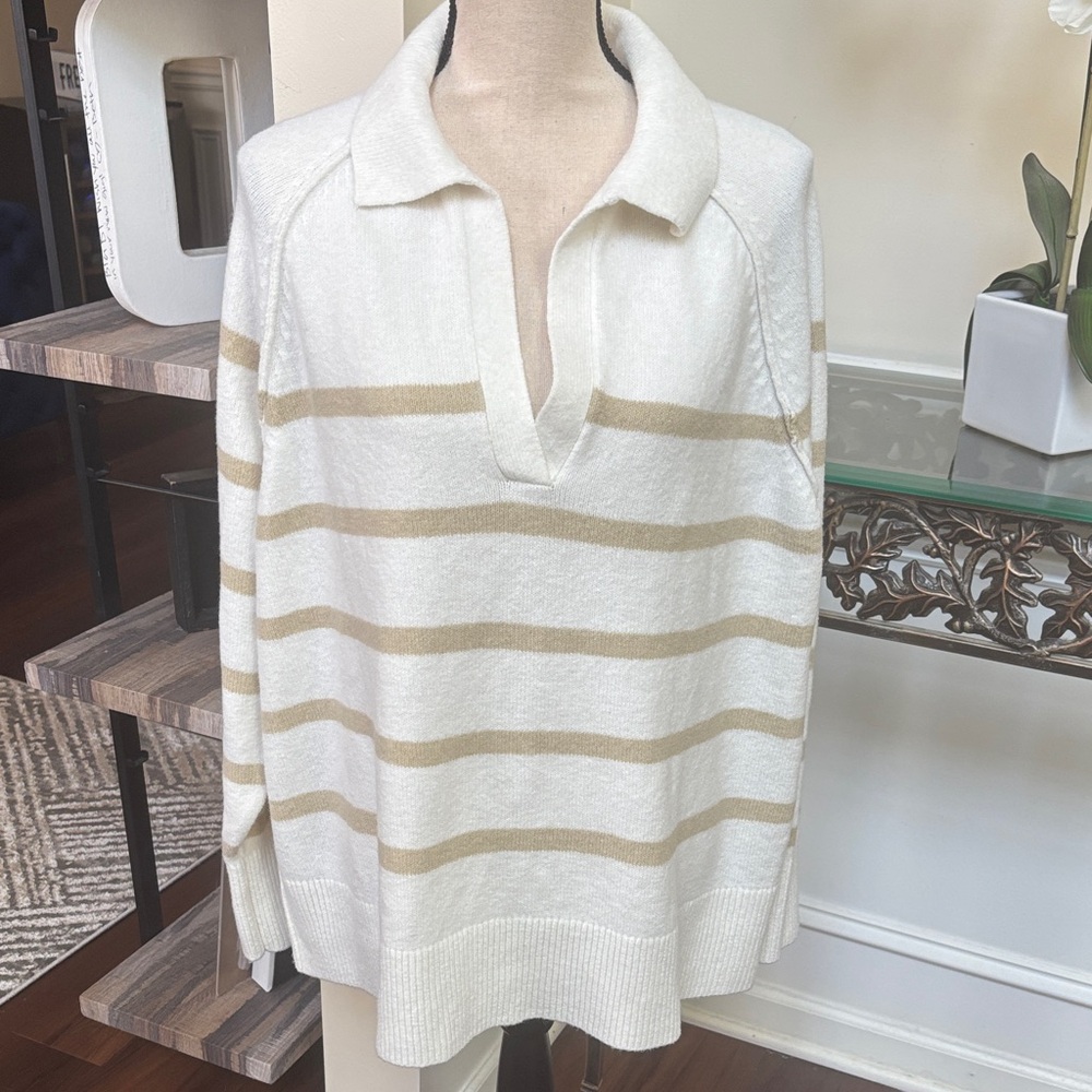 Aerie Beige and White Striped Oversized V-Neck Sweater size Large
